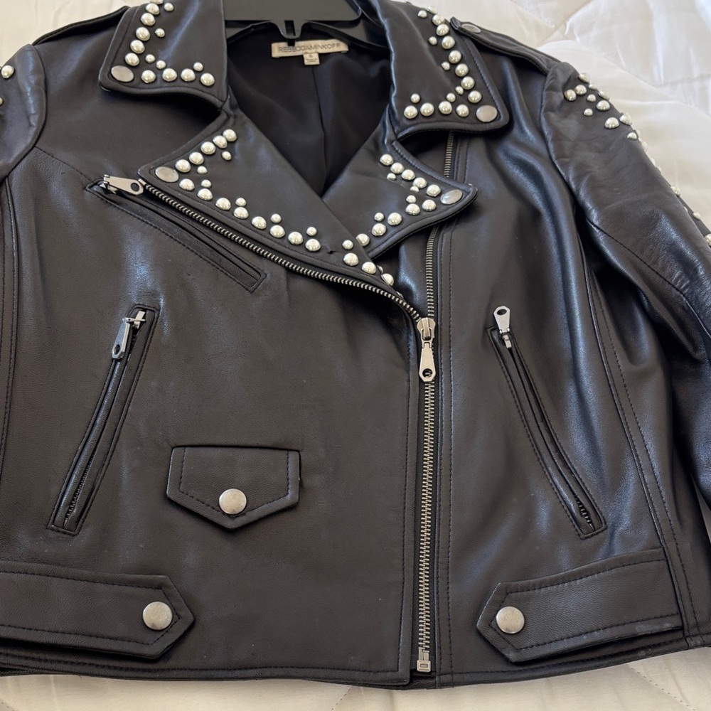 Rebecca Minkoff Black Leather Jacket with Pearl Studs